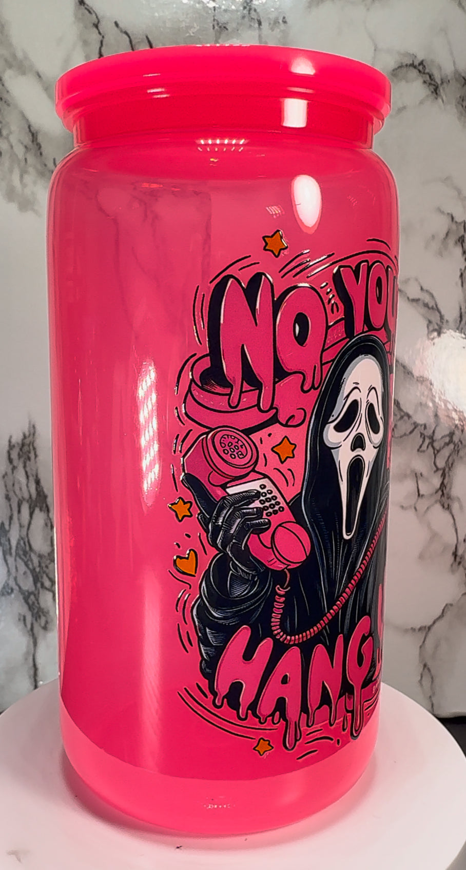 Ghostface No You Hang Up UVDTF on a hot pink plastic beer can cup