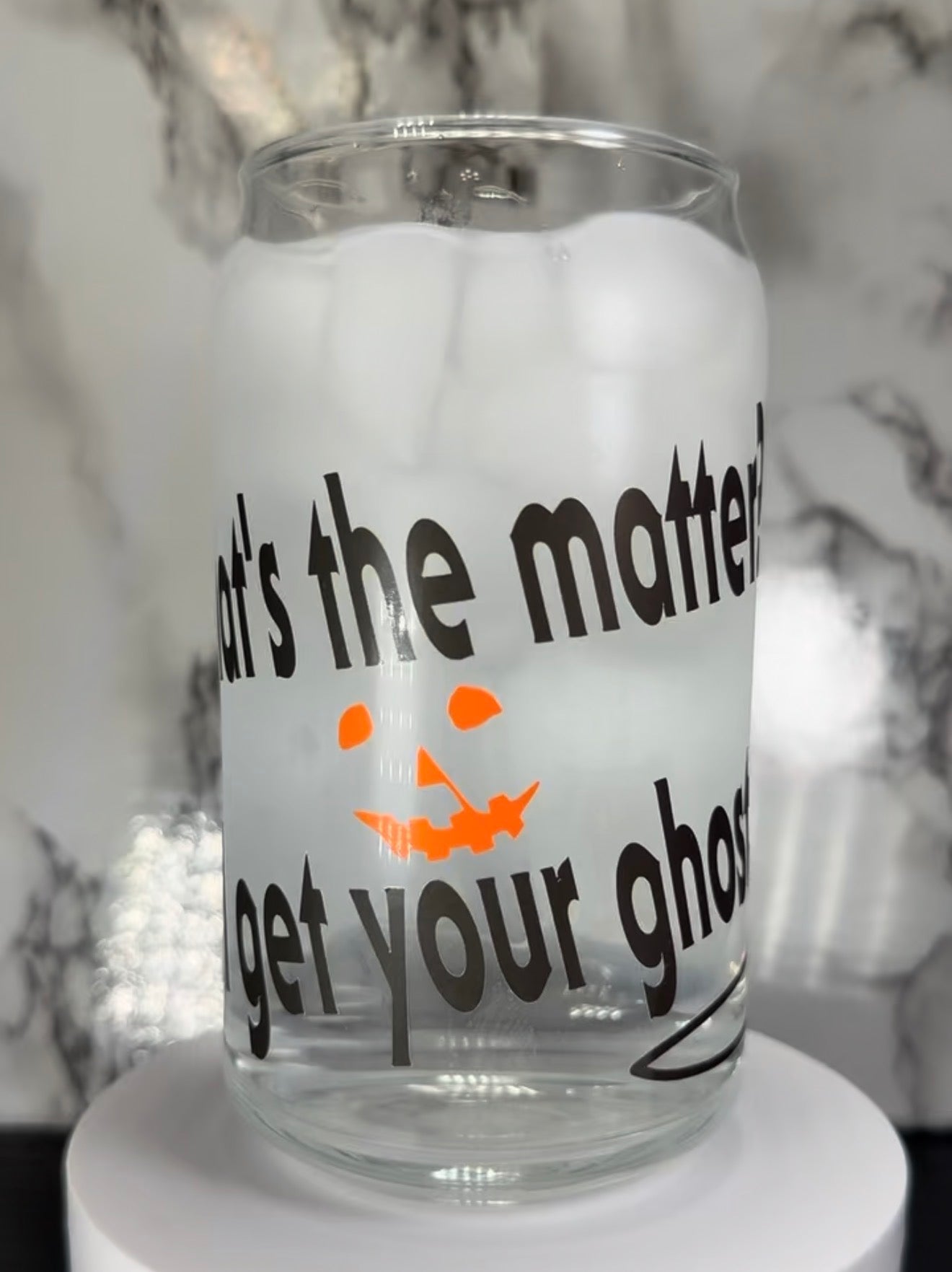 Ghost Bob Halloween Michael Myers color changing black and orange permanent vinyl on libbey beer can glass