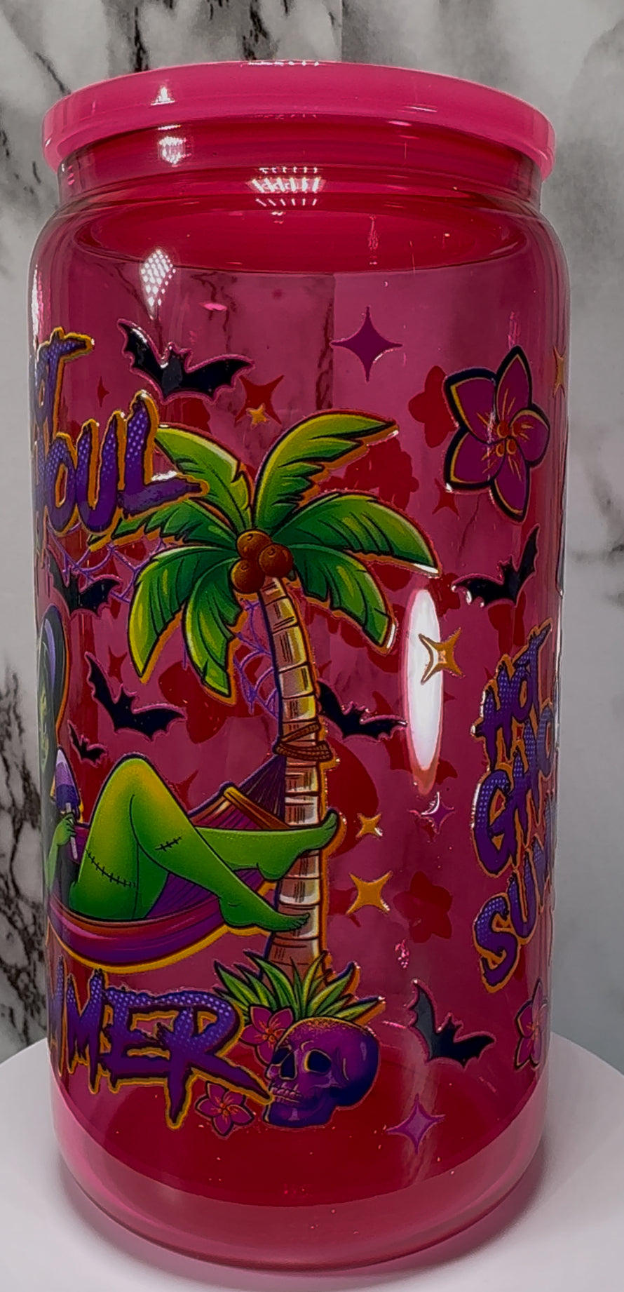 Hot Ghoul Summer UVDTF on a hot pink beer can glass