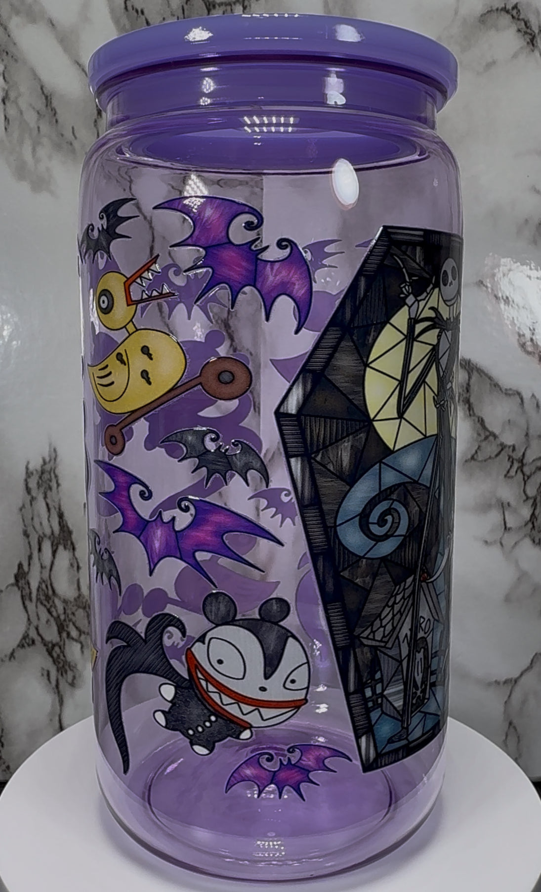 Jack Skellington Nightmare Before Christmas UVDTF on a purple PLASTIC beer can cup