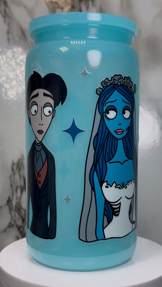 Corpse Bride UVDTF on a PLASTIC blue beer can cup