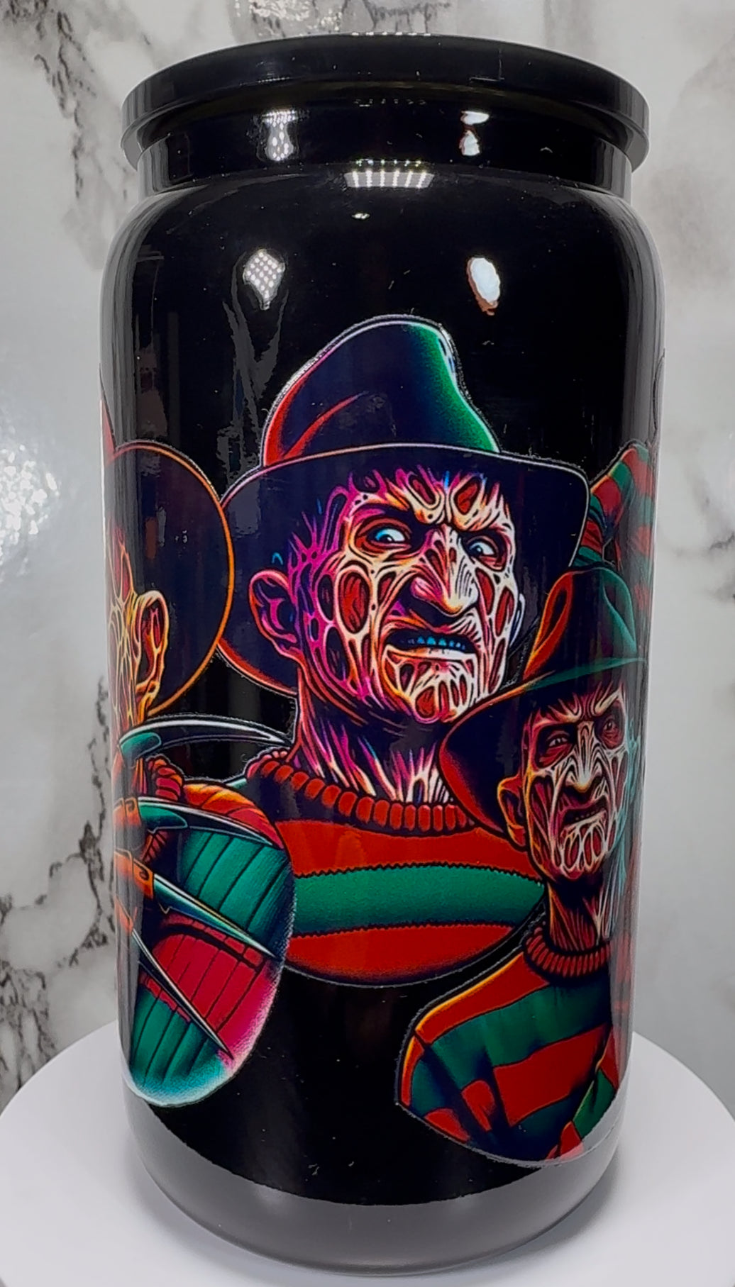 Nightmare on Elm Street Freddy Krueger UVDTF on a black beer can glass