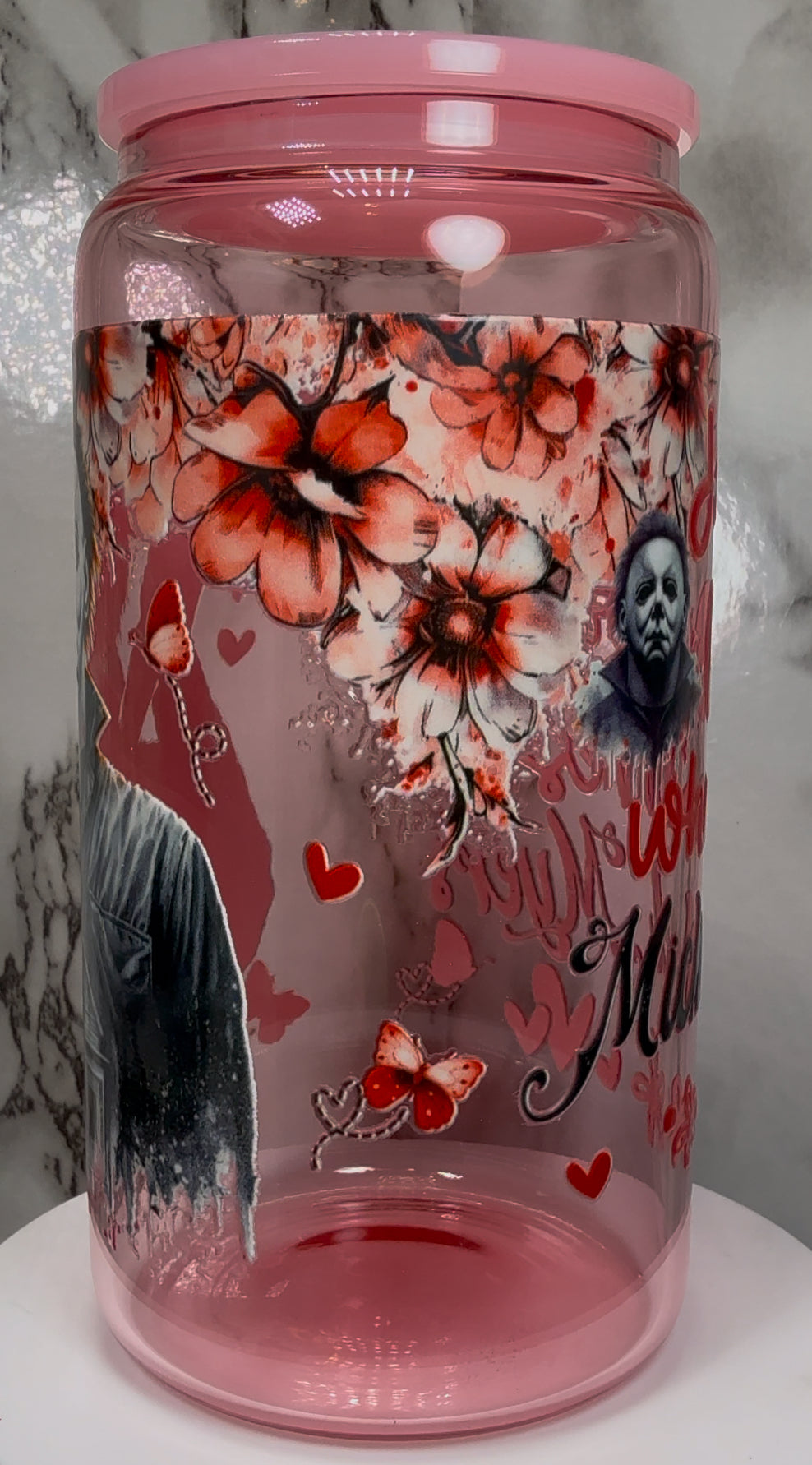 Michael Myers UVDTF on a pink beer can glass