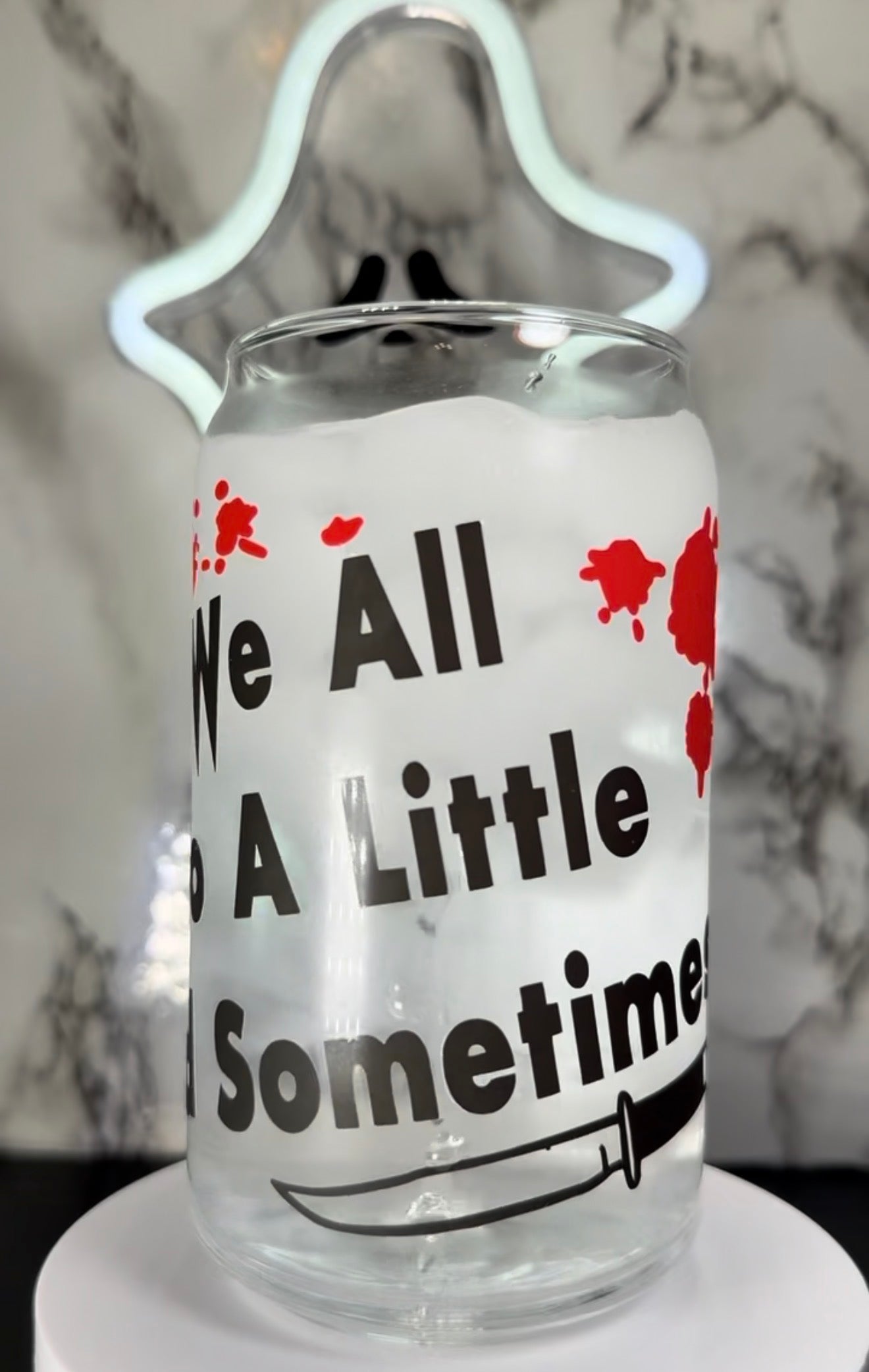 Ghostface color changing black and red permanent vinyl on libbey beer can glass