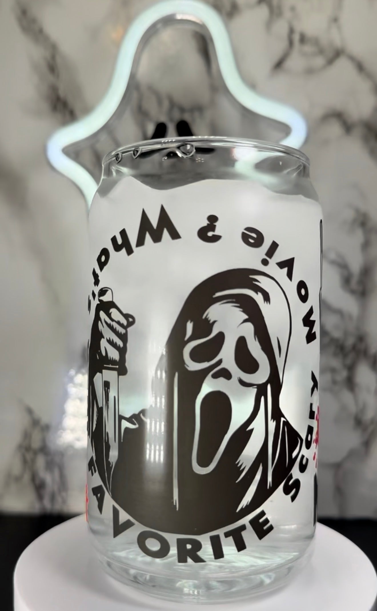 Ghostface color changing black and red permanent vinyl on libbey beer can glass