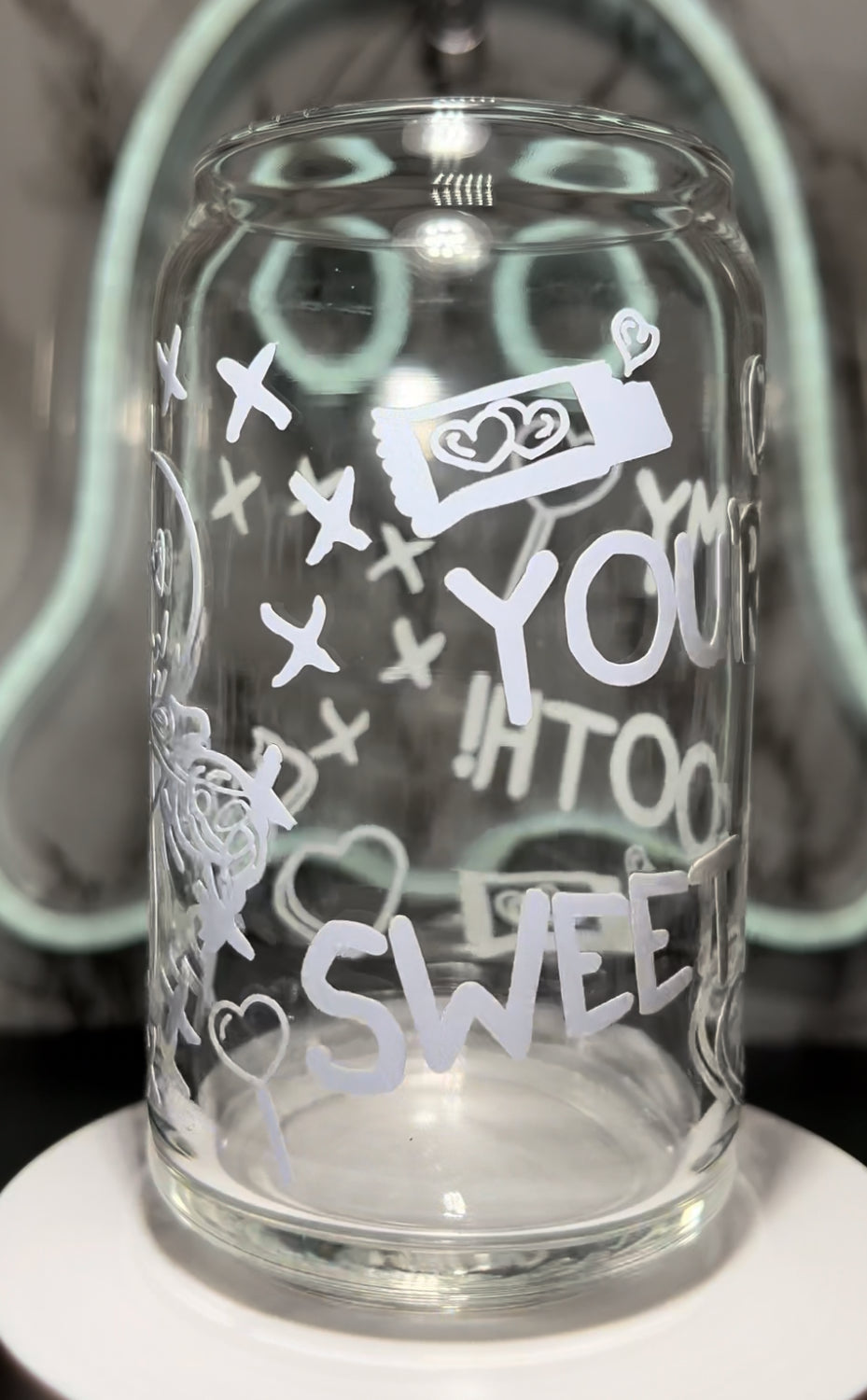 Valentine’s Day Sam Trick R Treat color changing permanent vinyl on a libbey beer can glass