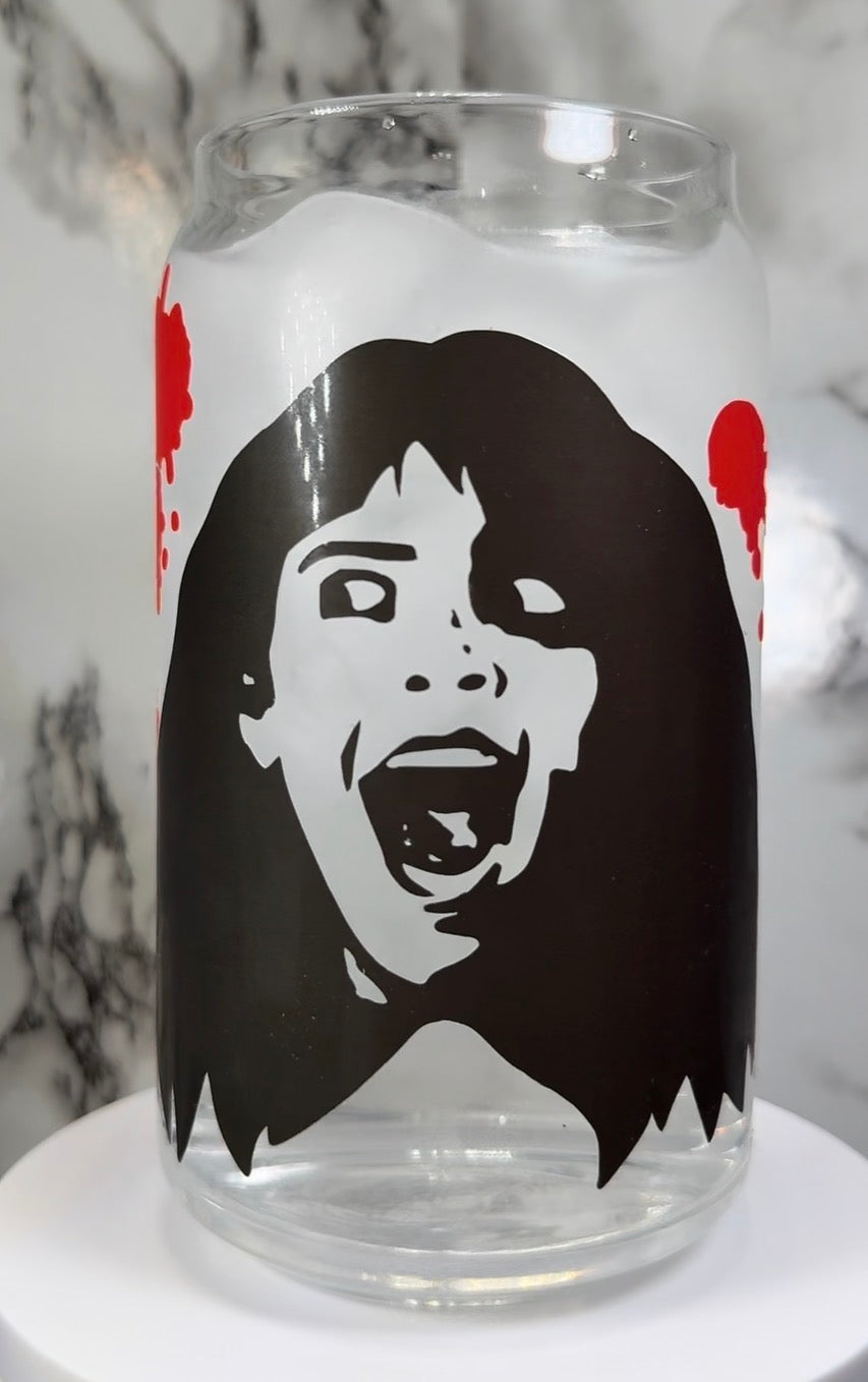 Sleepaway Camp color changing black and red permanent vinyl on a libbey beer can glass