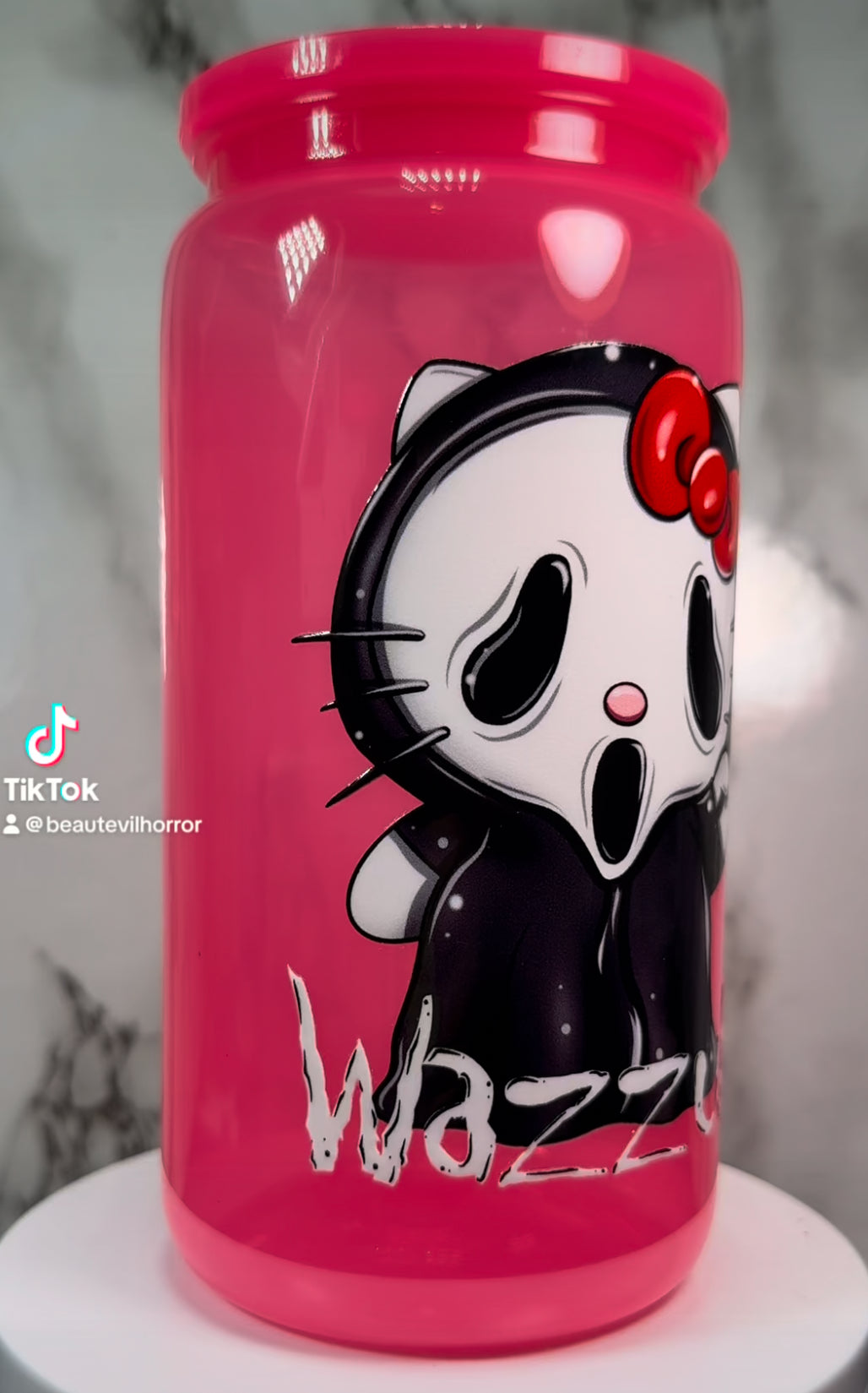 Hello Kitty Scream Ghostface UVDTF on a PLASTIC pink beer can cup