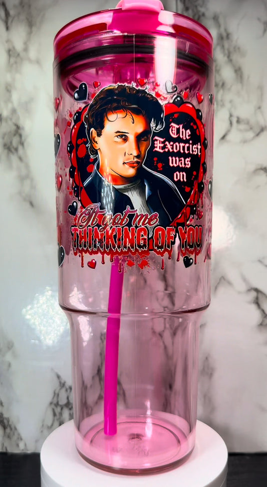 Valentine’s Day Billy Loomis UVDTF on a 40oz pink acrylic tumbler