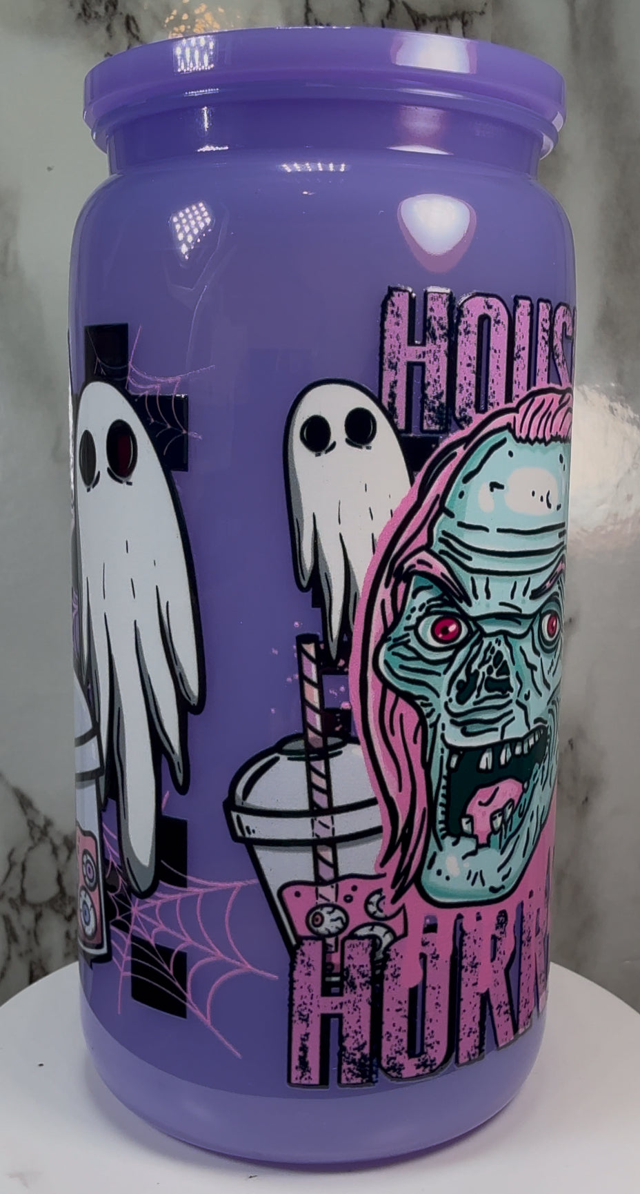 Crypt Keeper House of Horrors UVDTF on a PLASTIC purple beer can cup