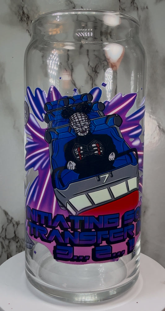 Disney Hellraiser Pinhead UVDTF on a 20 ounce libbey beer can glass