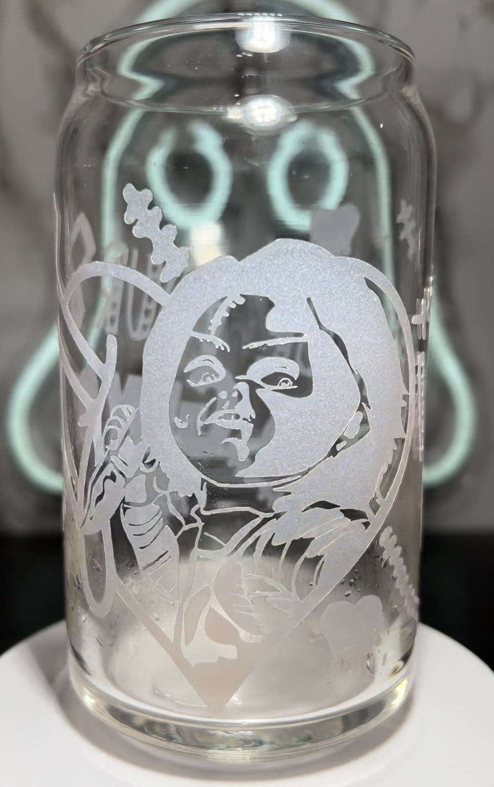 Valentine’s Day Chucky color changing permanent vinyl on a libbey beer can glass