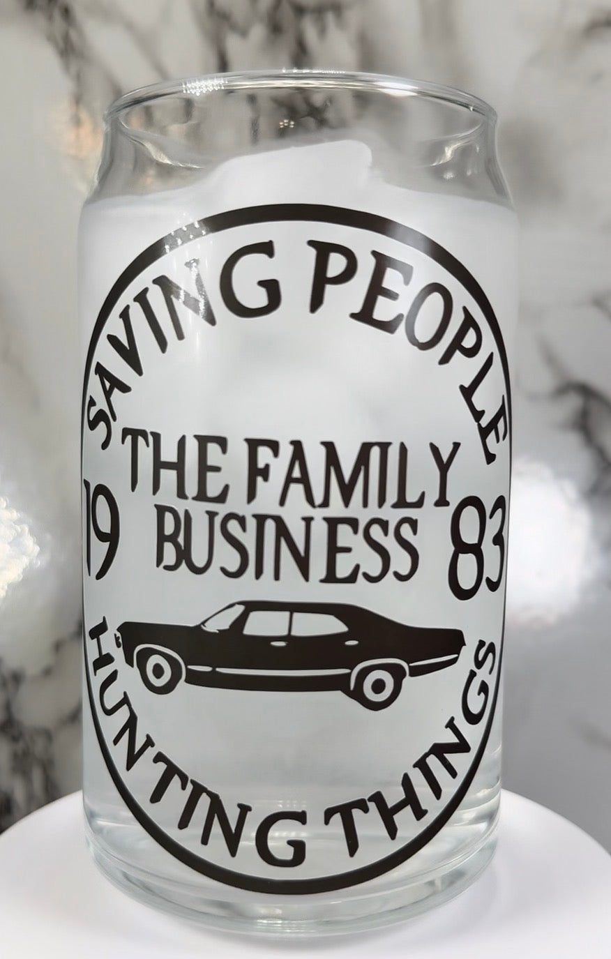 The Family Business - Supernatural color changing permanent vinyl on a libbey beer can glass