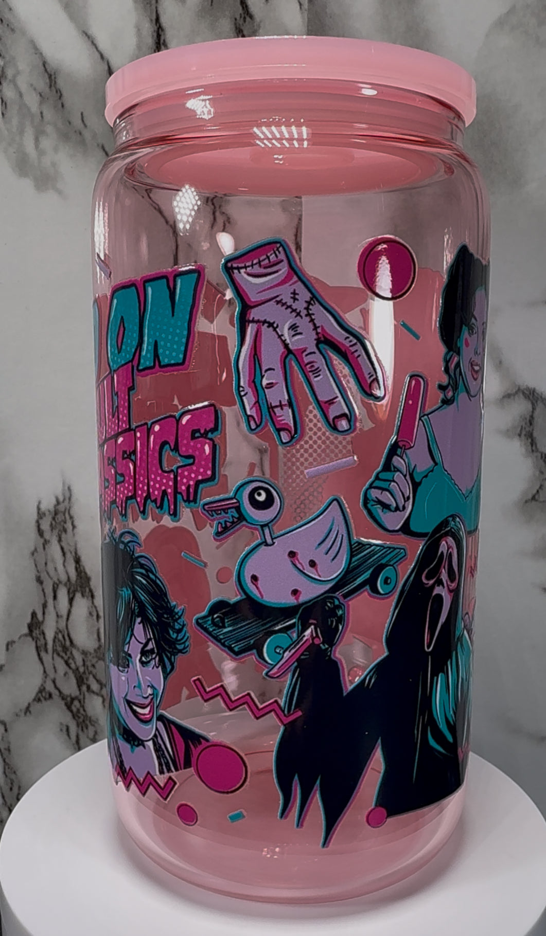 Cult Classics UVDTF on a light pink beer can glass