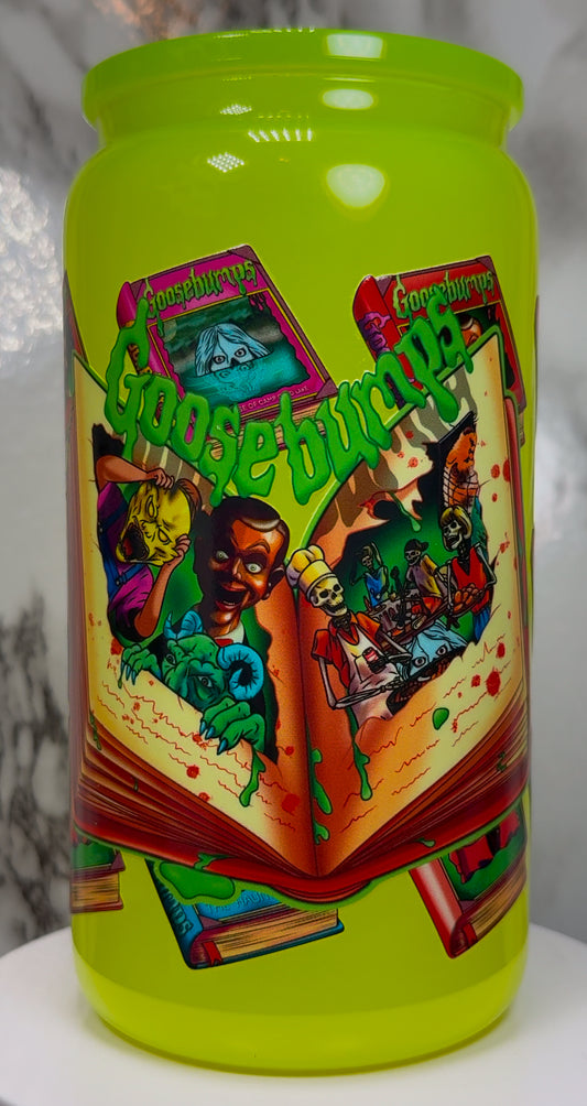Goosebumps UVDTF on a highlighter yellow beer can glass