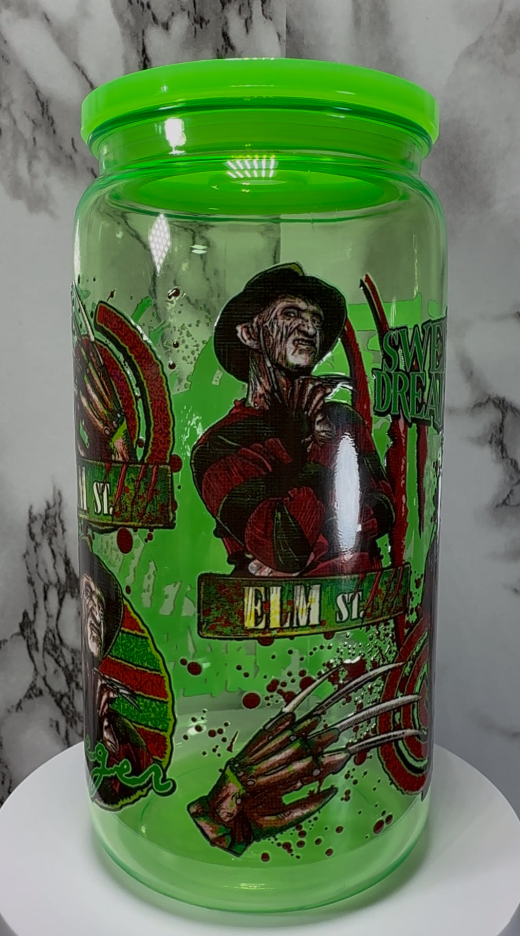 Nightmare on Elm Street Freddy Krueger UVDTF on a bright green PLASTIC beer can cup