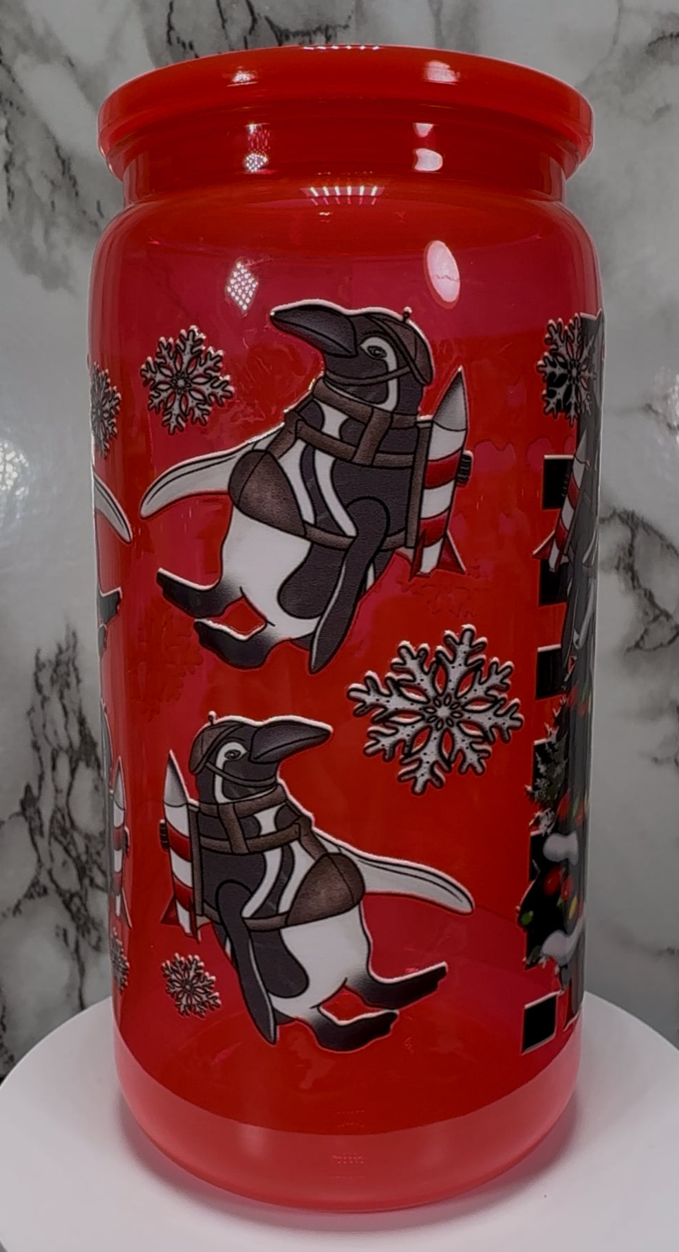 Gotham City Penguin UVDTF on a bright red PLASTIC beer can cup