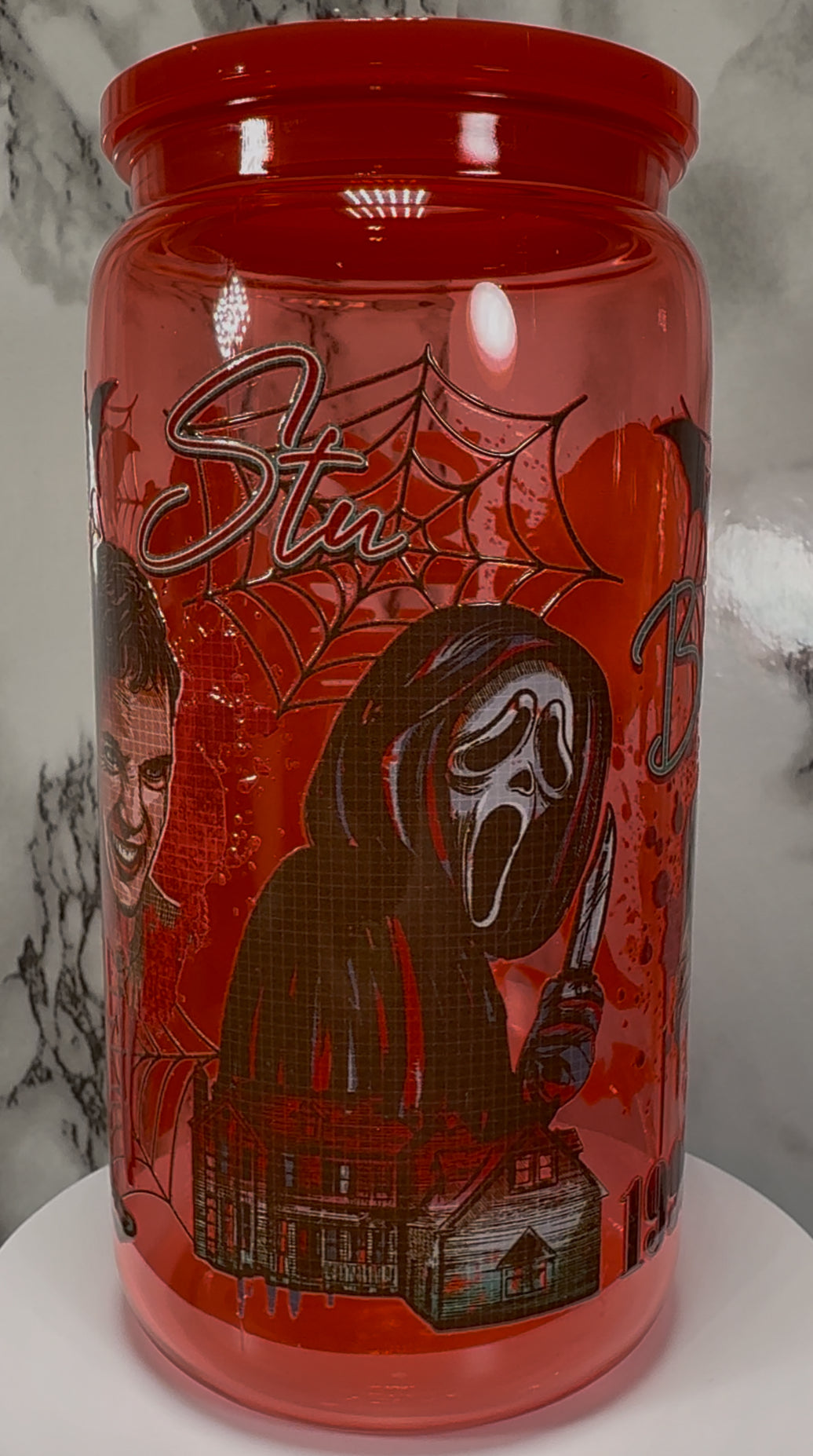 Scream UVDTF on a red PLASTIC beer can cup