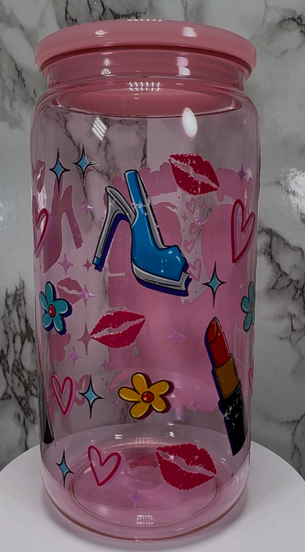 Romy and Michele's High School Reunion UVDTF on a PLASTIC pink beer can cup