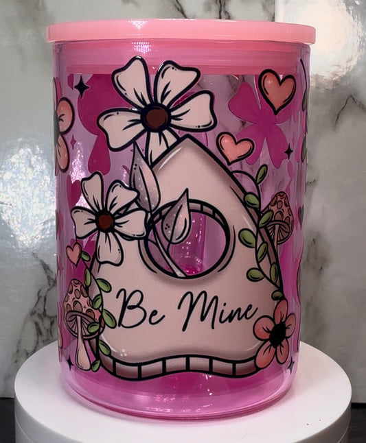 Ouija board Be Mine Valentine’s Day UVDTF on a pink coffee mug glass