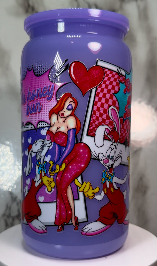 Roger Rabbit Valentine’s Day UVDTF on a plastic purple beer can cup