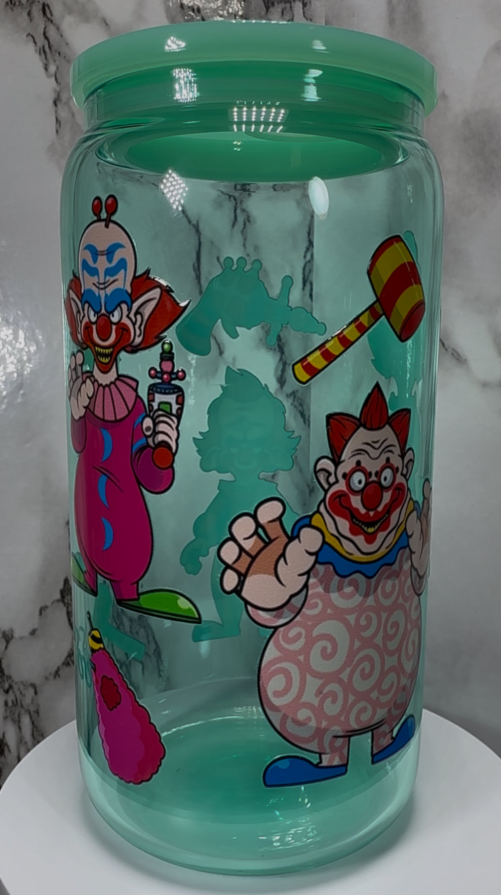 Killer Klowns from Outer Space UVDTF on a real beer can glass