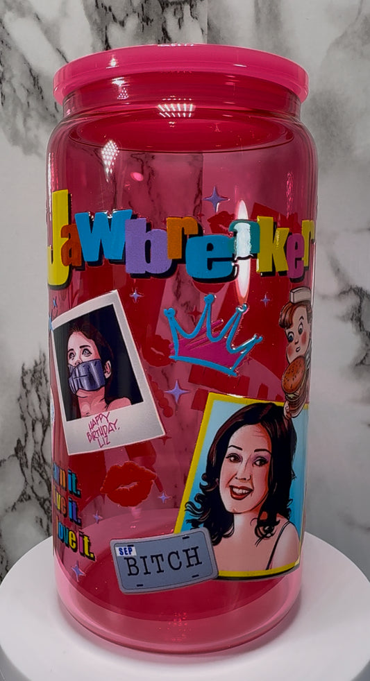 Jawbreaker UVDTF on a hot pink beer can glass