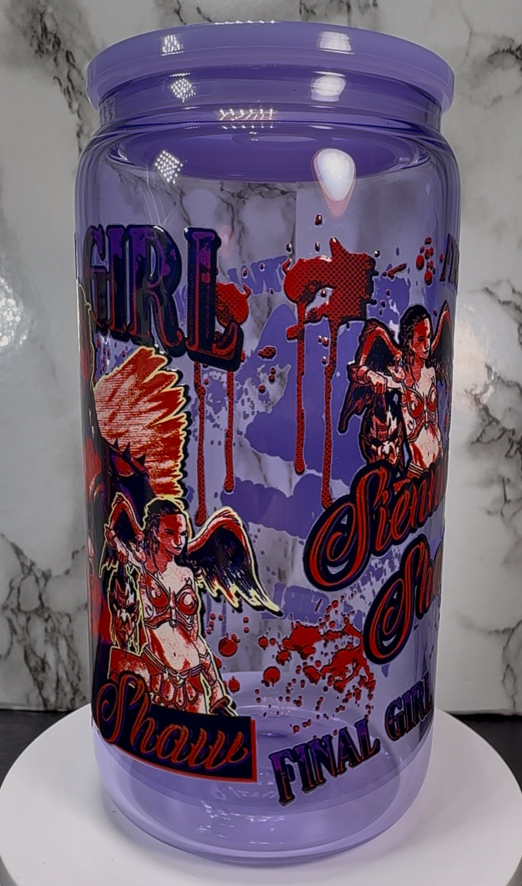 Final Girl Sienna Shaw Terrifier UVDTF on a purple beer can glass