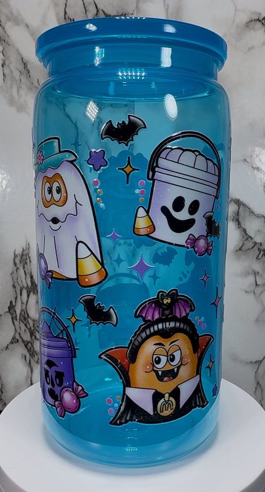 Old skool McDonald’s Halloween chicken nuggets and pail buckets UVDTF on a bright blue PLASTIC beer can cup