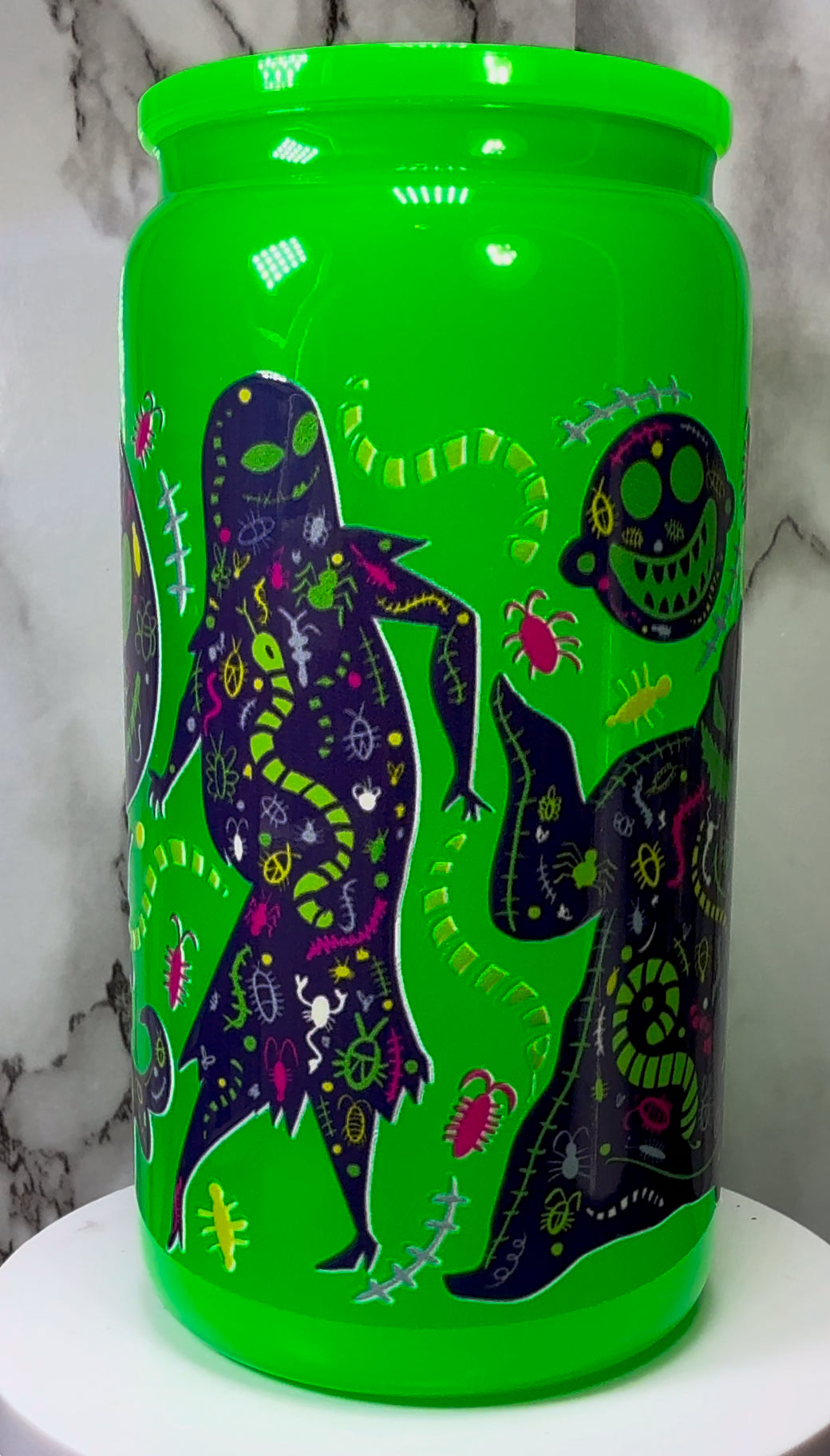 Nightmare Before Christmas UVDTF on a bright green beer can glass