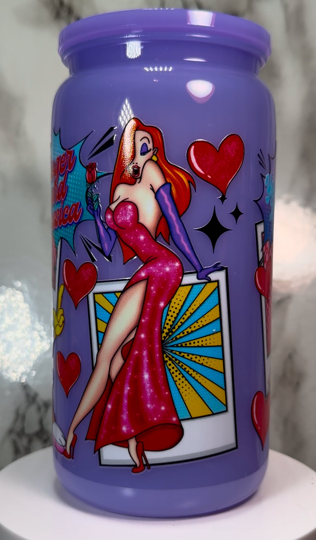 Roger Rabbit Valentine’s Day UVDTF on a plastic purple beer can cup