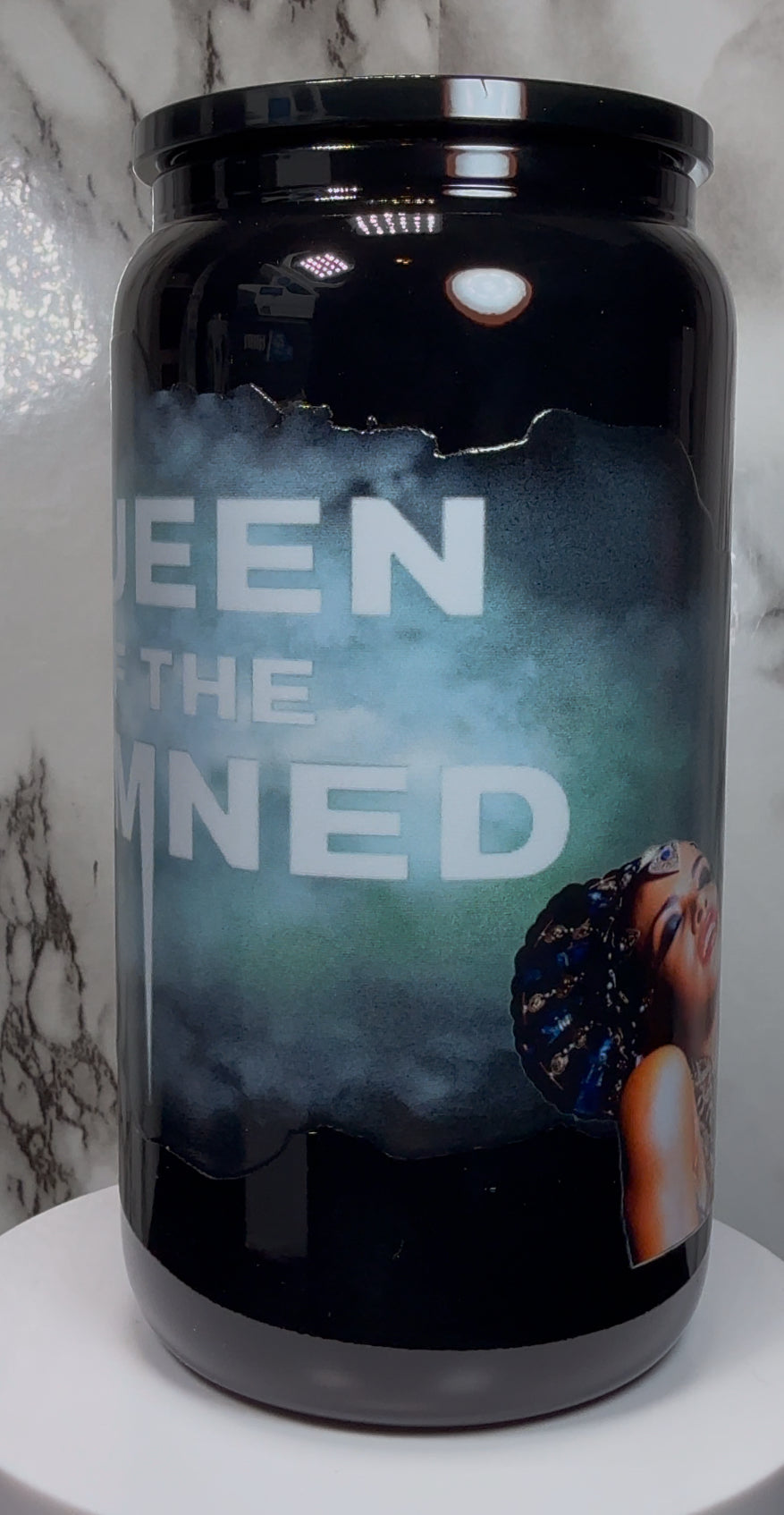 Queen of the Damned UVDTF on a black beer can glass