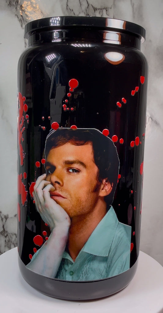 Dexter UVDTF on a black beer can glass