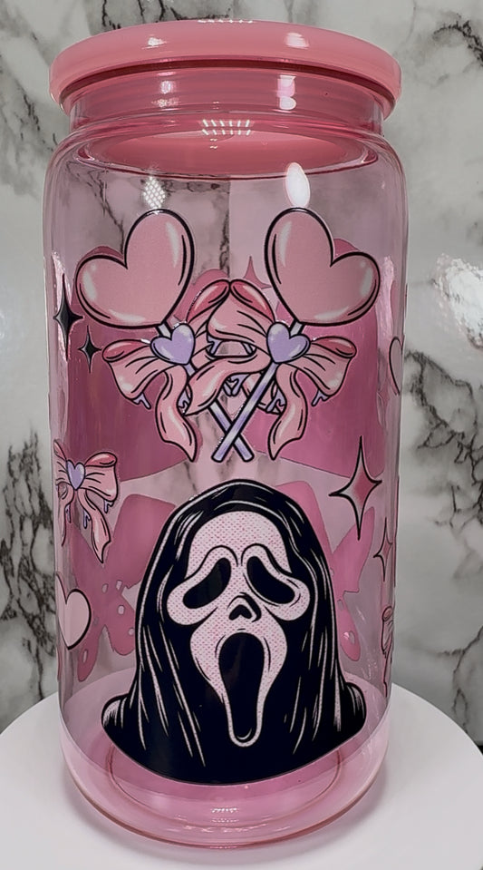 Ghostface Hearts UVDTF on a PLASTIC pink beer can cup