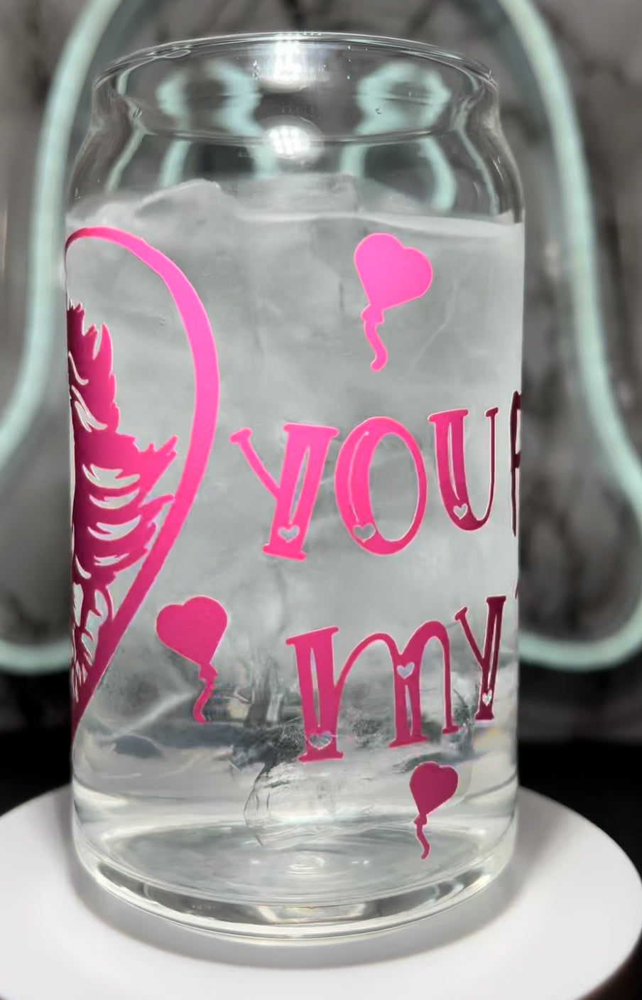 Pennywise Valentine’s Day color changing permanent vinyl on a libbey beer can glass