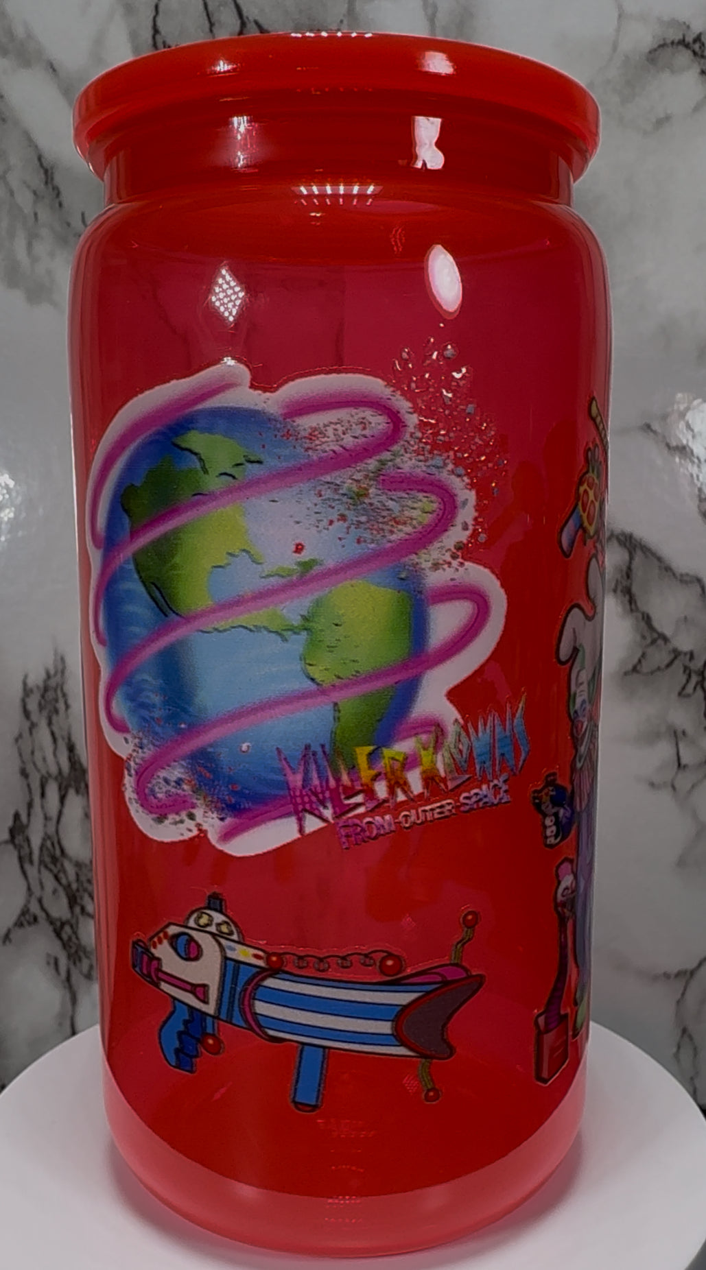 Klownzilla Killer Klowns From Outer Space UVDTF on a bright red PLASTIC beer can cup