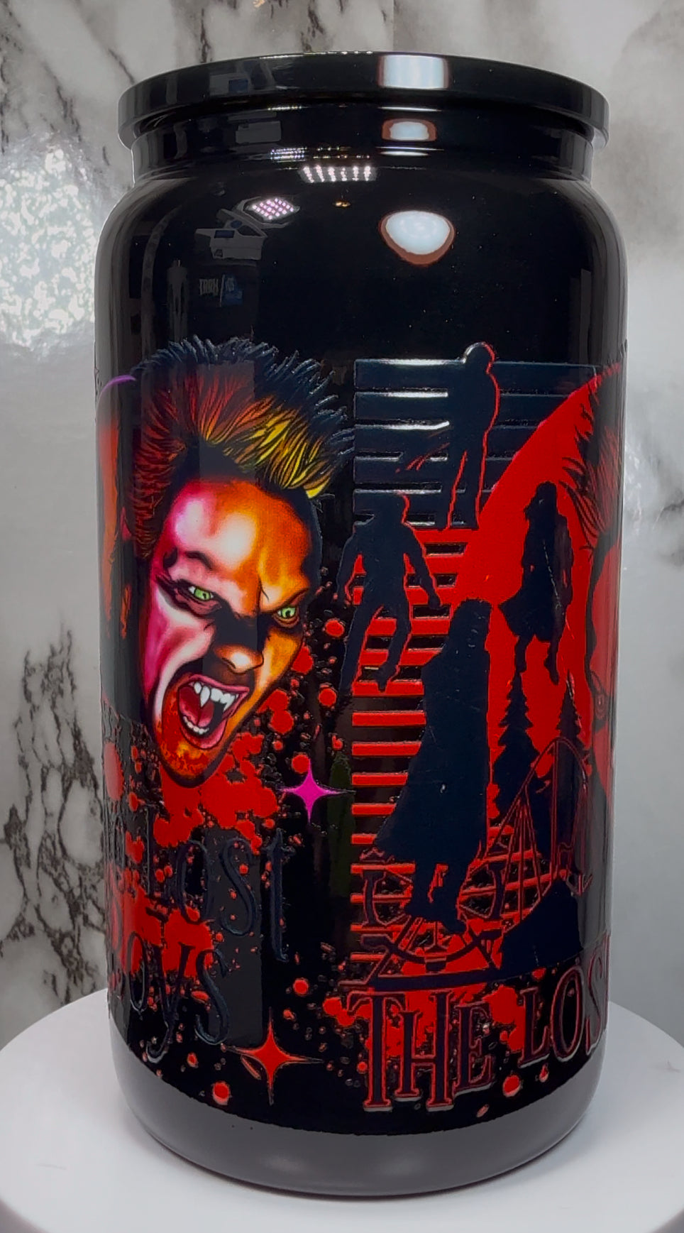 Lost Boys UVDTF on a black beer can glass