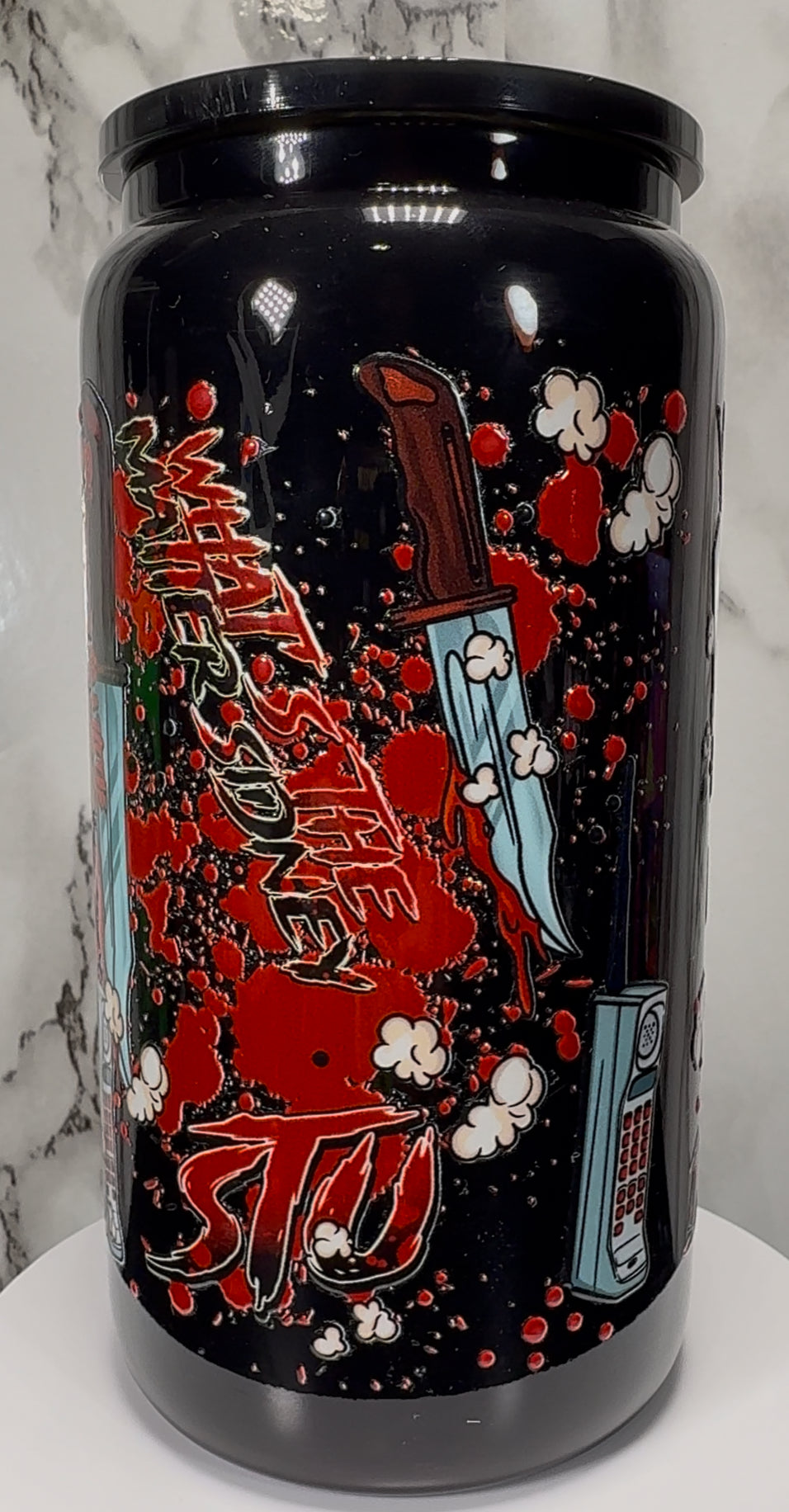 1996 Scream Cast Red UVDTF on a black beer can glass