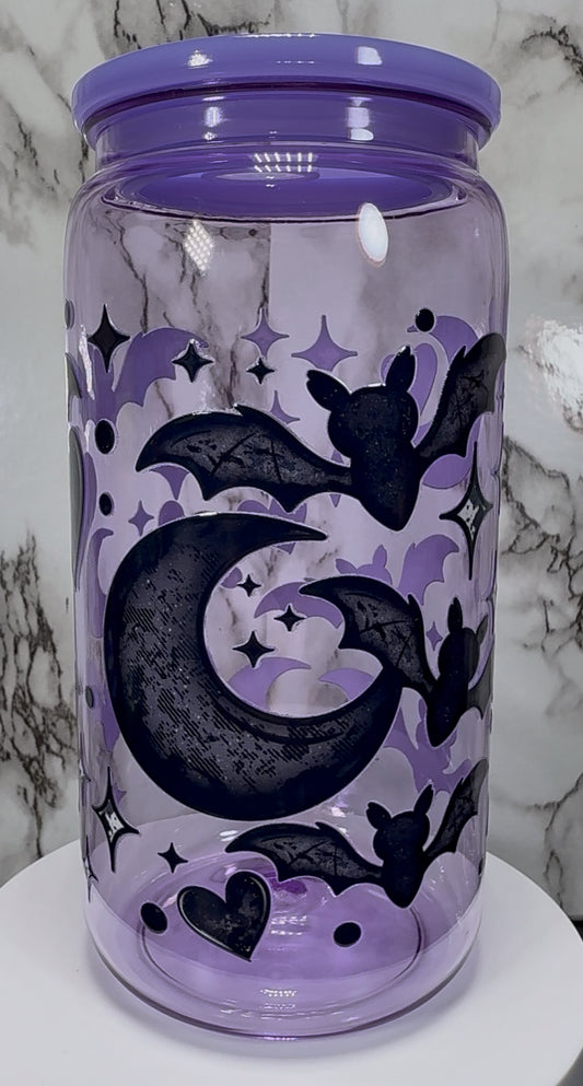 Bats, Moon and Hearts UVDTF on a PLASTIC purple beer can cup