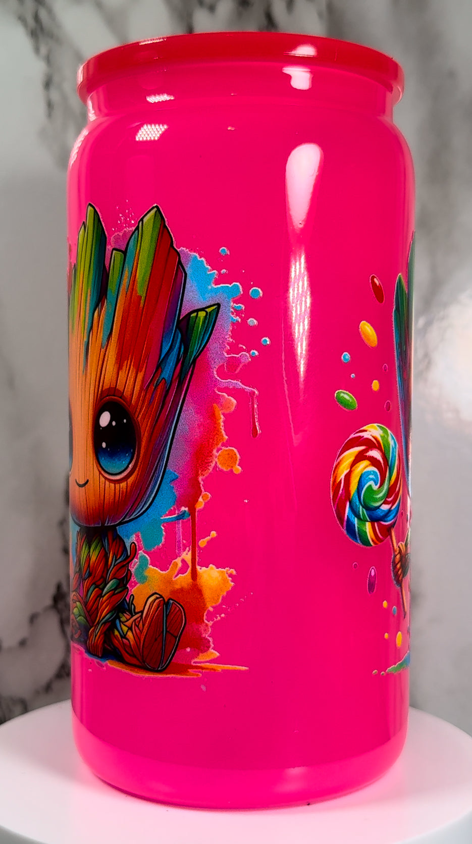 OOPSIE sale PLEASE read description!!! Baby Groot UVDTF on a hot pink beer can glass (Faults are in pictures)