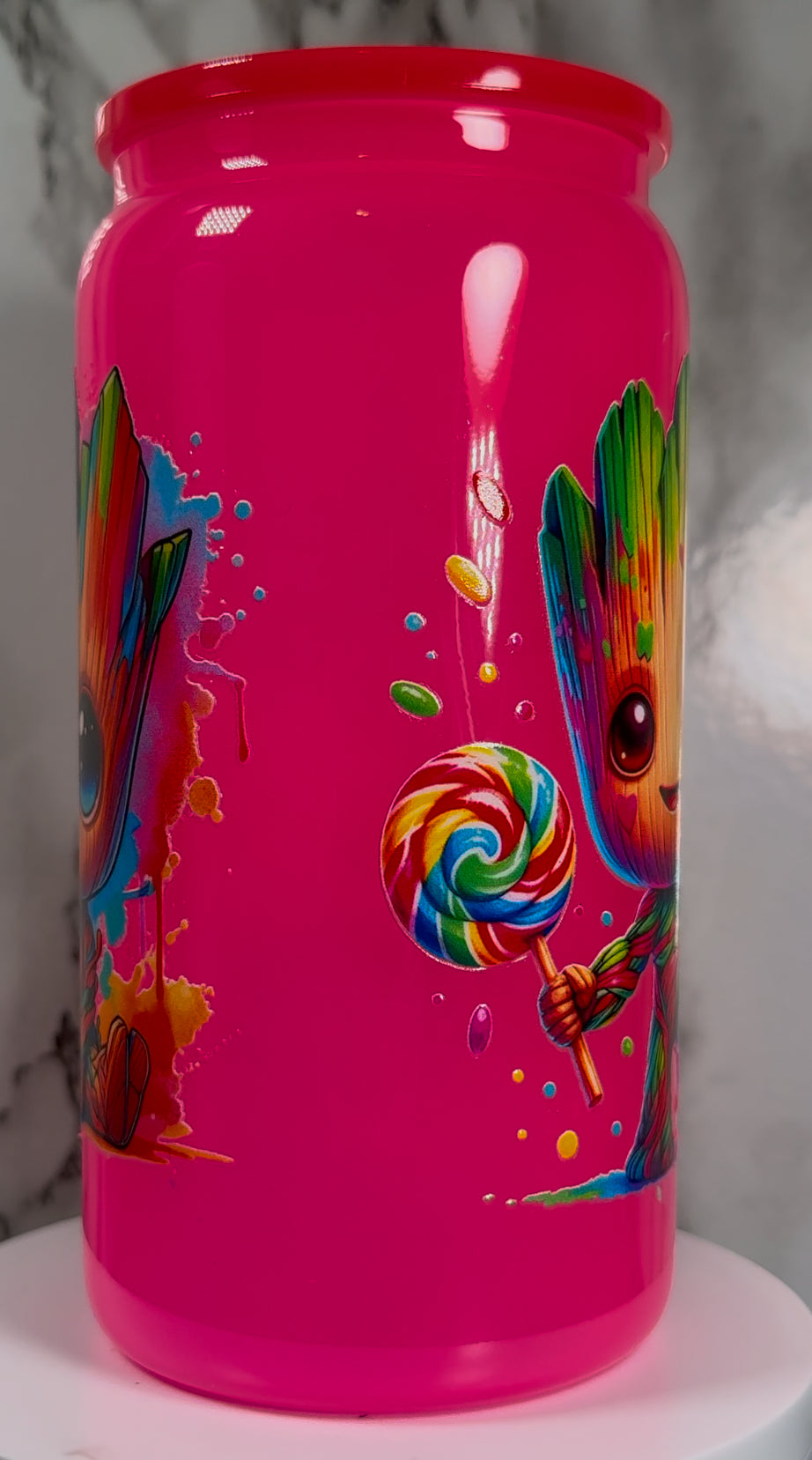 OOPSIE sale PLEASE read description!!! Baby Groot UVDTF on a hot pink beer can glass (Faults are in pictures)