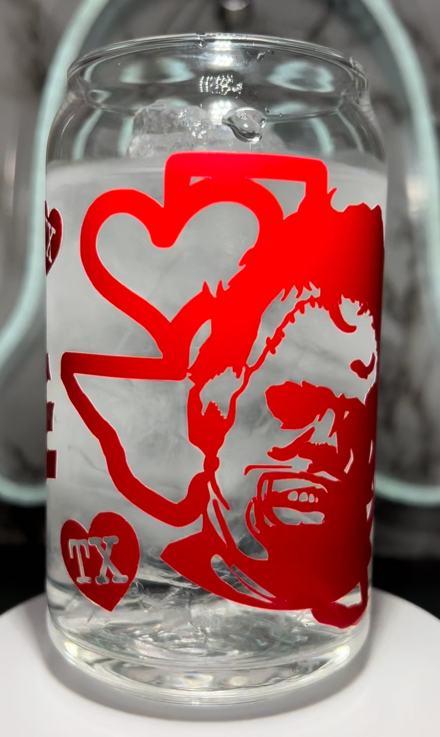 Valentine’s Day Leatherface Texas Chainsaw Massacre color changing permanent vinyl on a libbey beer can glass