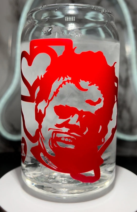 Valentine’s Day Leatherface Texas Chainsaw Massacre color changing permanent vinyl on a libbey beer can glass