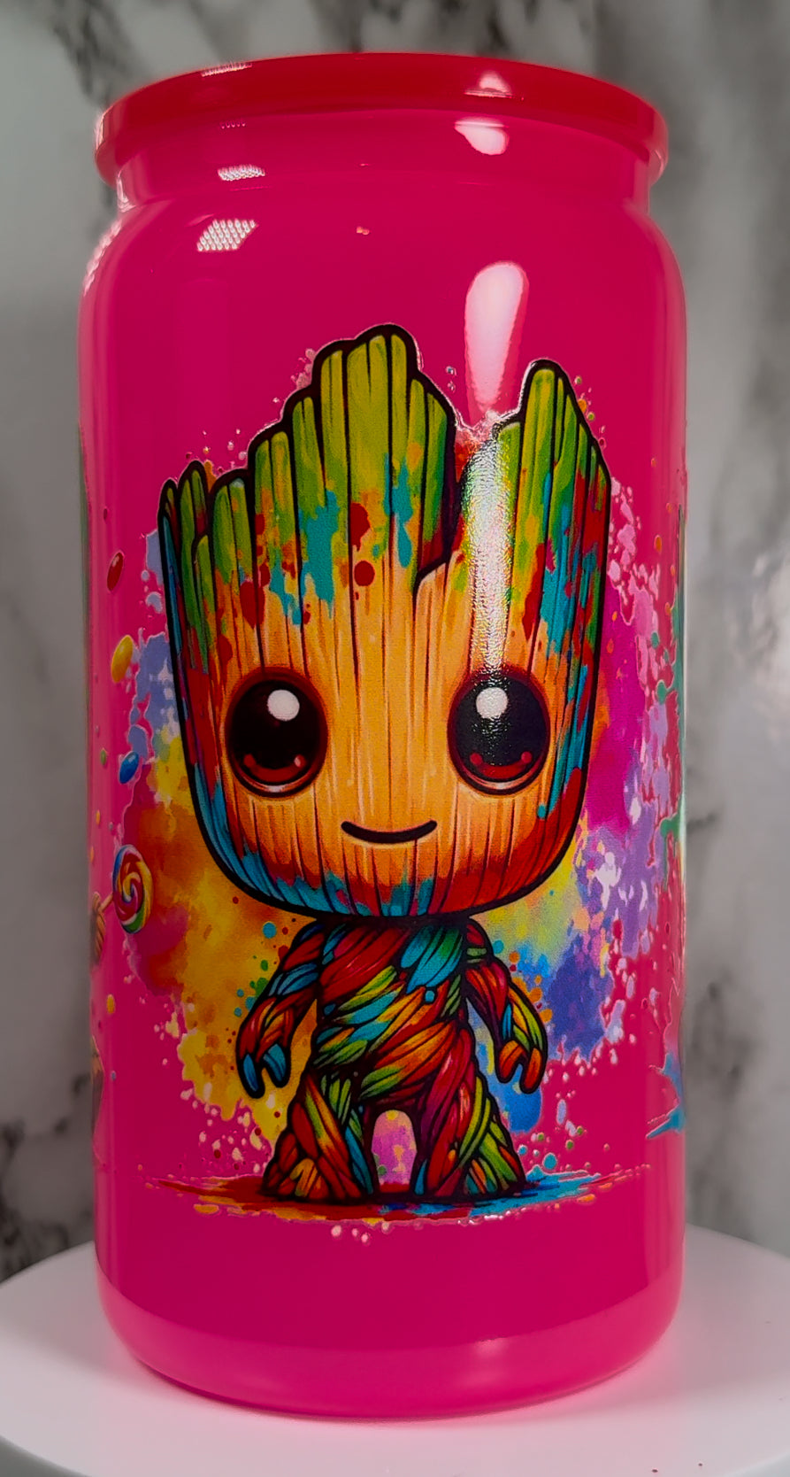 OOPSIE sale PLEASE read description!!! Baby Groot UVDTF on a hot pink beer can glass (Faults are in pictures)