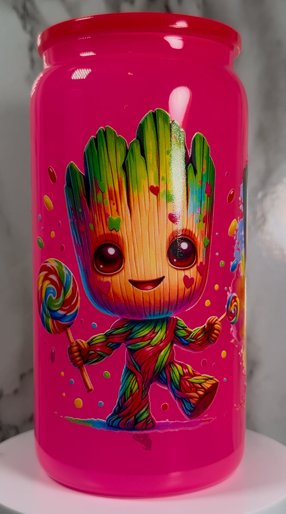 OOPSIE sale PLEASE read description!!! Baby Groot UVDTF on a hot pink beer can glass (Faults are in pictures)