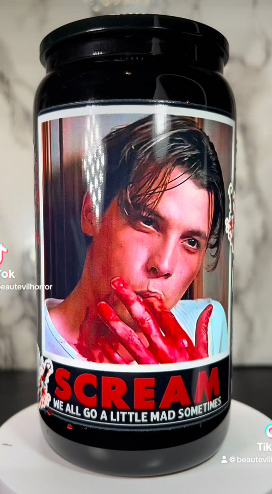 Billy Loomis Polaroid UVDTF on a black beer can glass