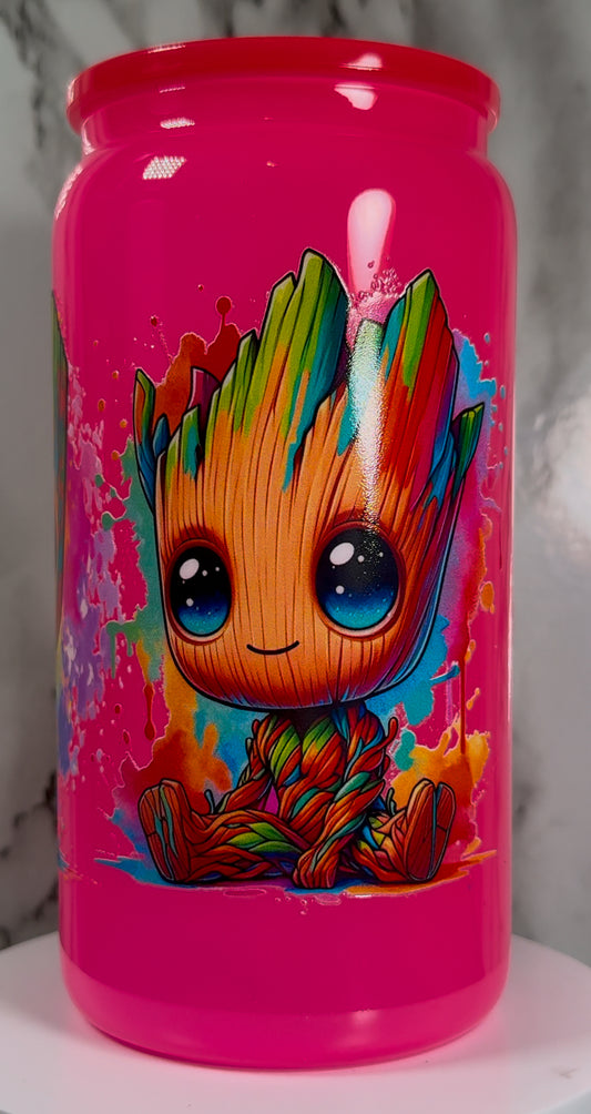 OOPSIE sale PLEASE read description!!! Baby Groot UVDTF on a hot pink beer can glass (Faults are in pictures)