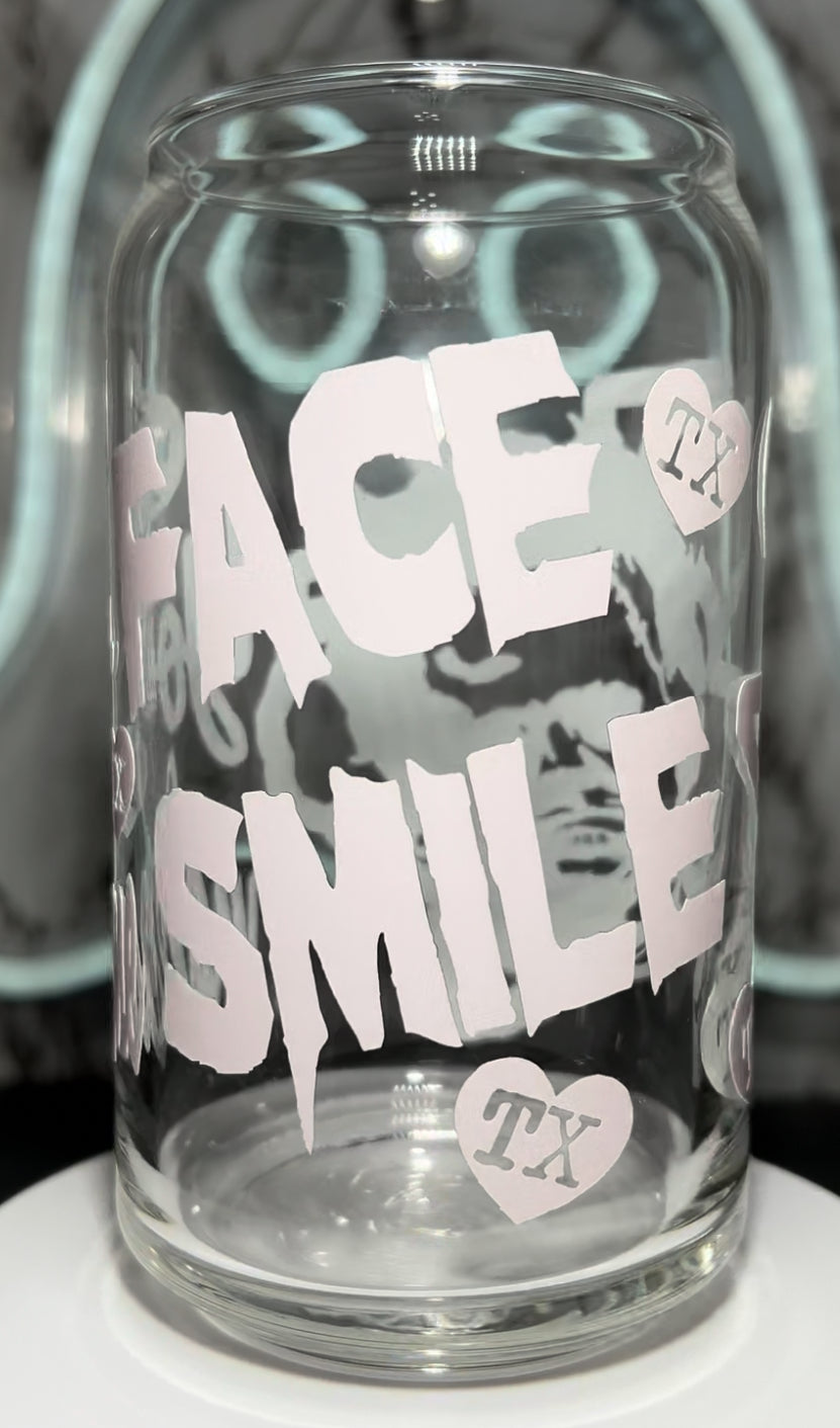 Valentine’s Day Leatherface Texas Chainsaw Massacre color changing permanent vinyl on a libbey beer can glass