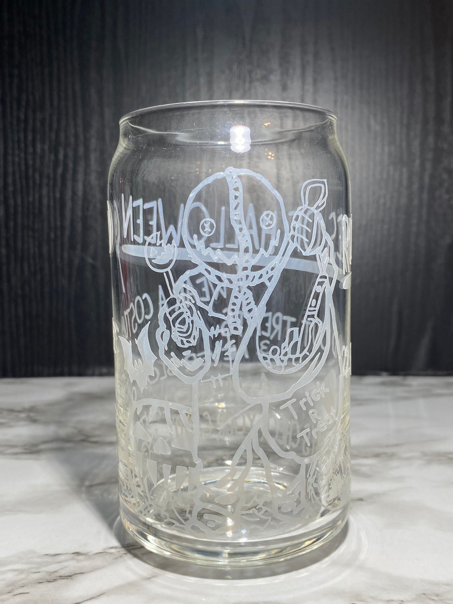 Sam w/bag Design 1 - Cold color orange changing permanent vinyl Trick R Treat Libbey beer can glass