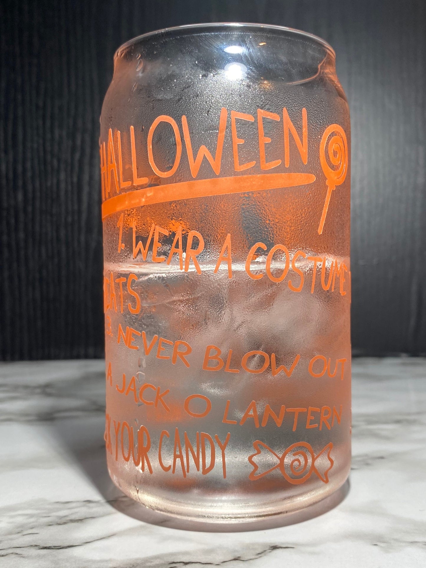 Sam w/bag Design 1 - Cold color orange changing permanent vinyl Trick R Treat Libbey beer can glass